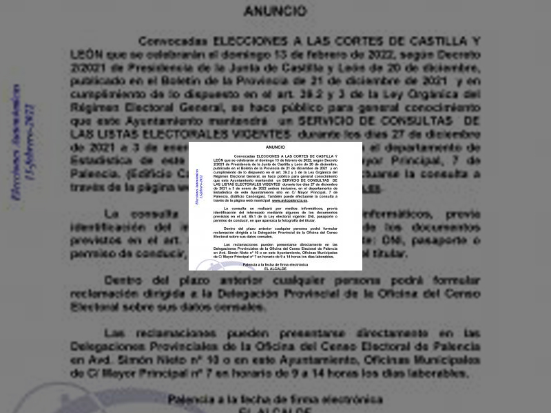 Imagen Los palentinos podrán consultar el censo electoral para los comicios a las Cortes de Castilla y León del próximo 13 de febrero en el servicio municipal de Estadística entre los días 27 de diciembre y 3 de enero